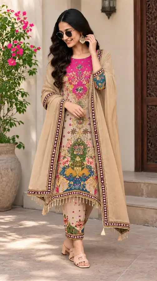 Floral Printed Kurta Palazzo Set with Dupatta